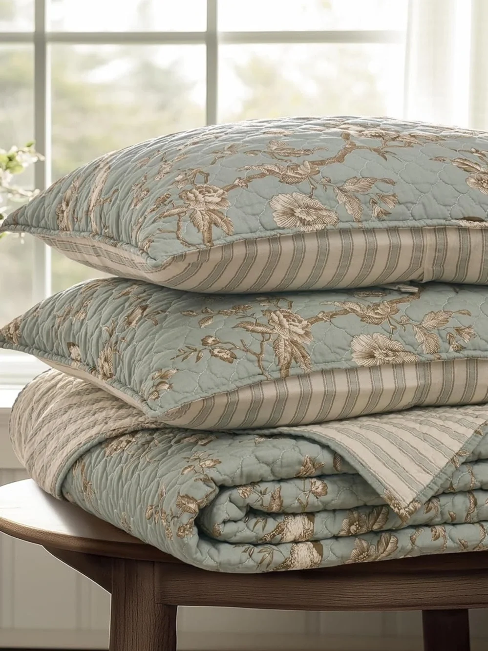 🆕 PB Style Reversible Quilt Set Brown Stripes Sage Floral Bird Toile Coverlet